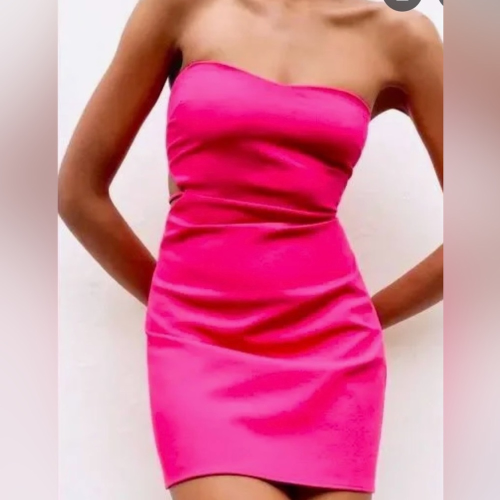 M Zara fun hot Pink Strapless Dress fuchsia side cutout mini party cocktail